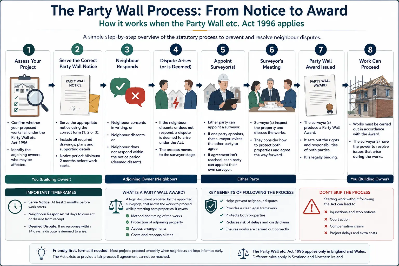 Do I Need a Party Wall Agreement? An infographic showing the party wall process from notice to award in a very interactive way for the citizens living in Barking, UK
