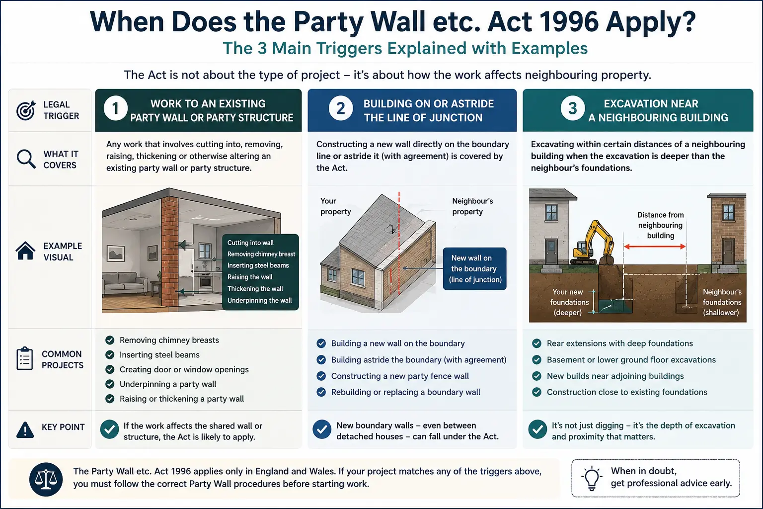 Do I Need a Party Wall Agreement? An infographic showing when does the party wall etc act 1996 apply like excavation, junction, painting, in Barking, UK